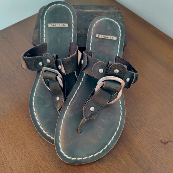 Bernardo Shoes - Bernardo Brown Leather Ring-Accent Thong Sandals